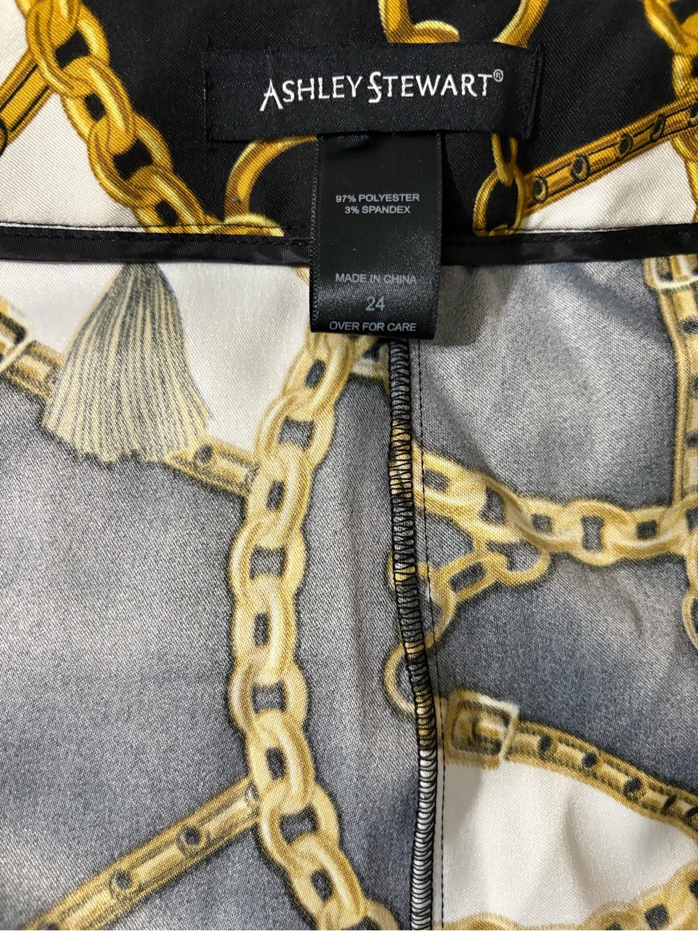 Ashley Stewart Gold Chain Print Pants with white, black and gold
